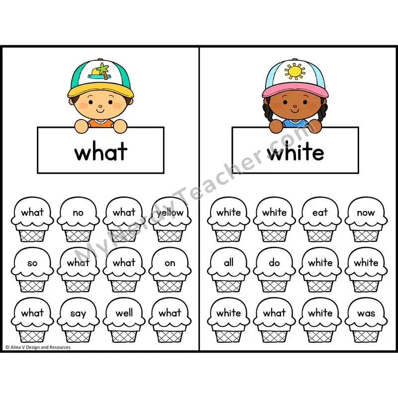 Trace and Color Sight Words — Kindergarten — Ice Cream Theme - what, white
