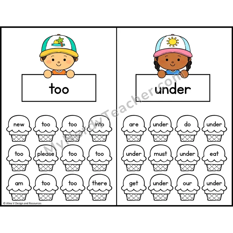 Trace and Color Sight Words — Kindergarten — Ice Cream Theme - too, under