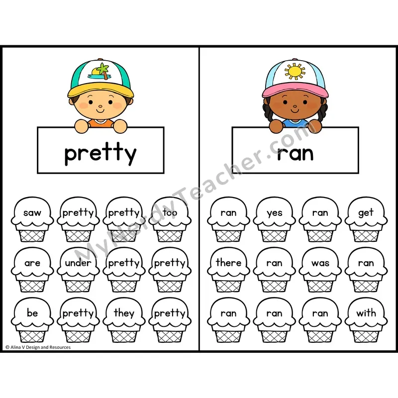 Trace and Color Sight Words — Kindergarten — Ice Cream Theme - pretty, ran