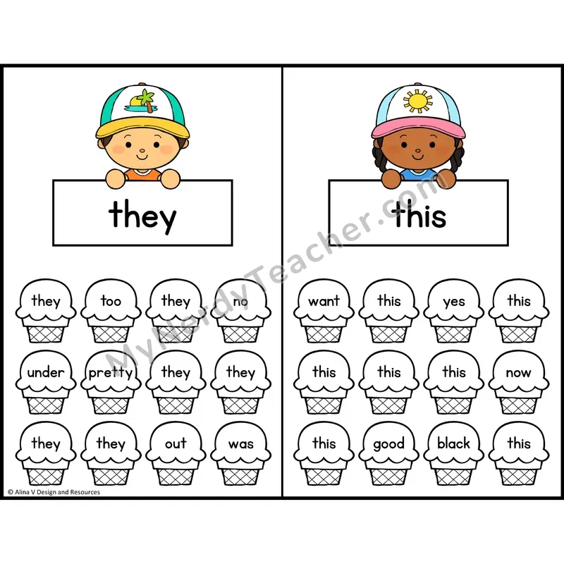 Trace and Color Sight Words — Kindergarten — Ice Cream Theme - they, this