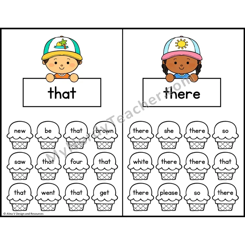 Trace and Color Sight Words — Kindergarten — Ice Cream Theme - that, there