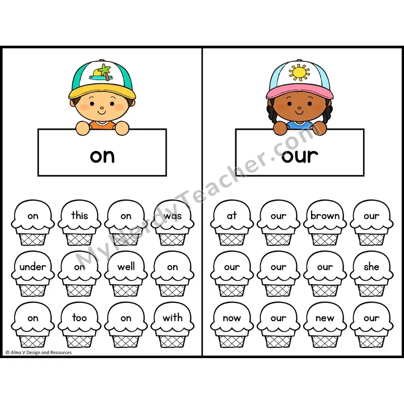 Trace and Color Sight Words — Kindergarten — Ice Cream Theme - on, our