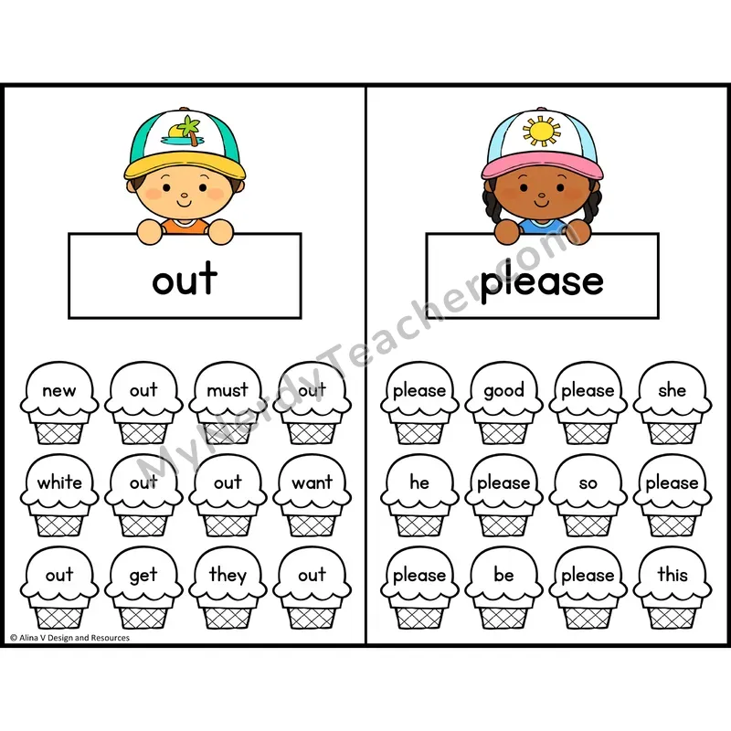 Trace and Color Sight Words — Kindergarten — Ice Cream Theme - out, please
