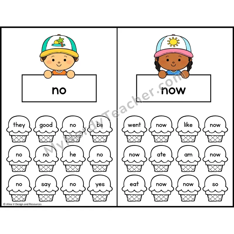 Trace and Color Sight Words — Kindergarten — Ice Cream Theme - no, now