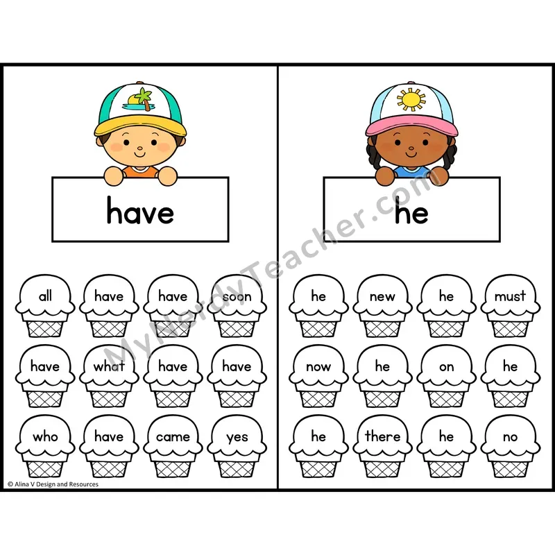 Trace and Color Sight Words — Kindergarten — Ice Cream Theme - have, he