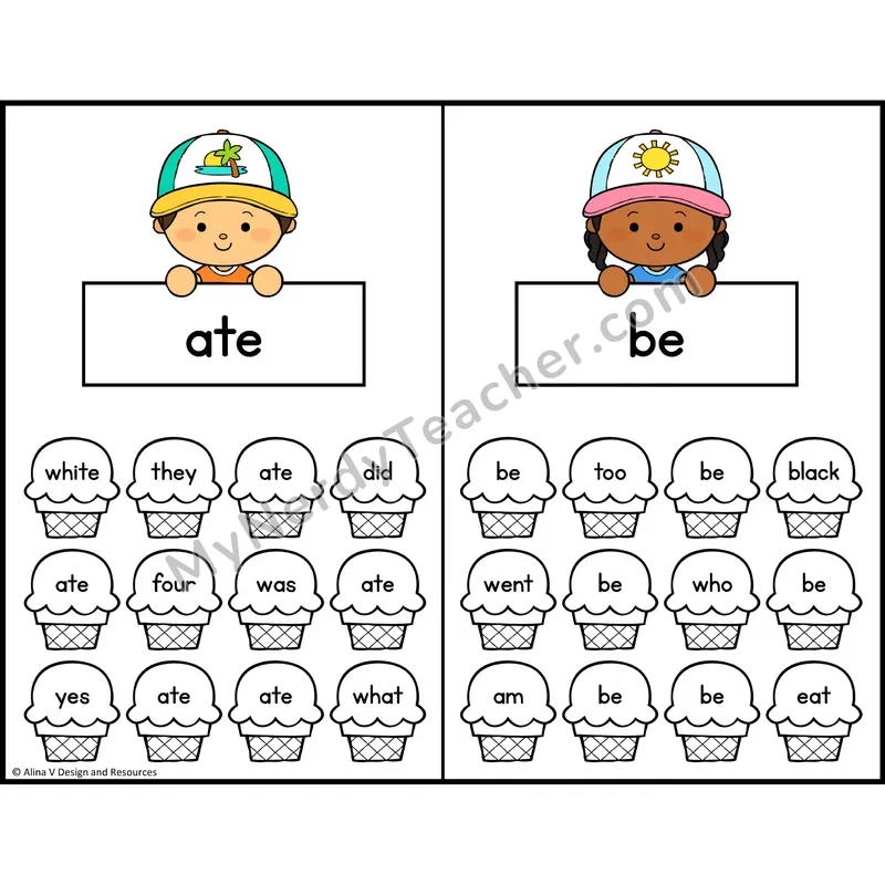 Trace and Color Sight Words — Kindergarten — Ice Cream Theme - ate, be