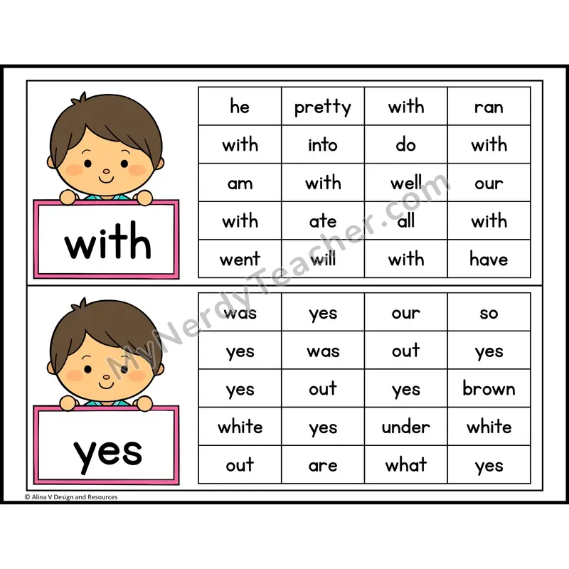 Read and Find Sight Words — Kindergarten - with, yes