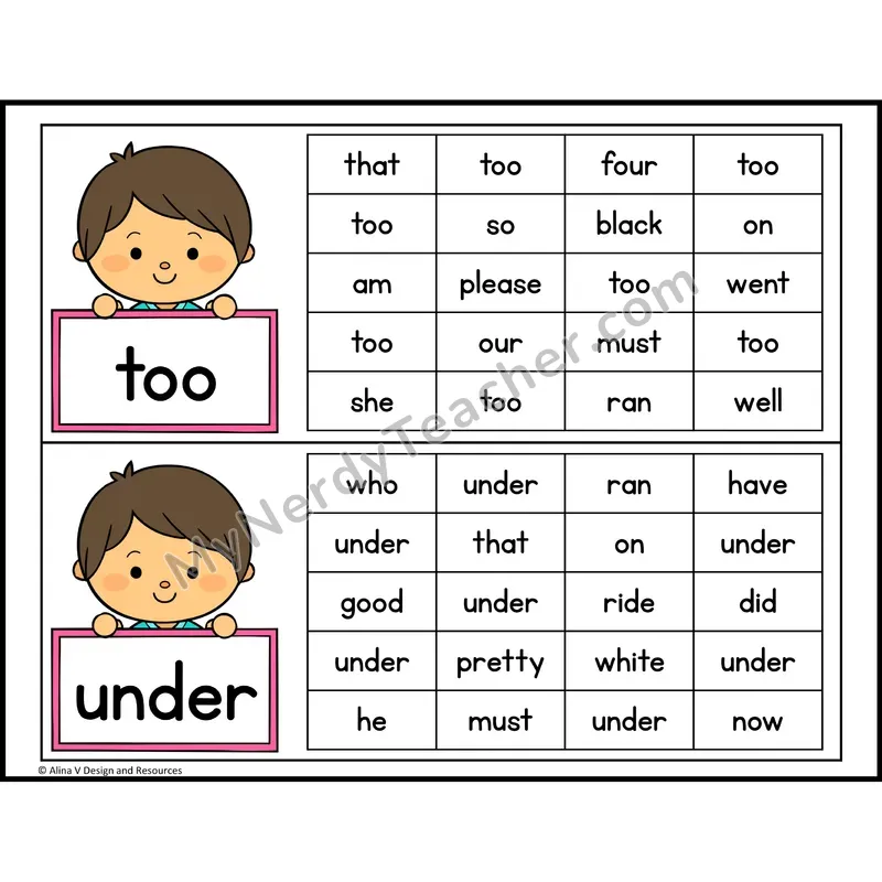 Read and Find Sight Words — Kindergarten - too, under