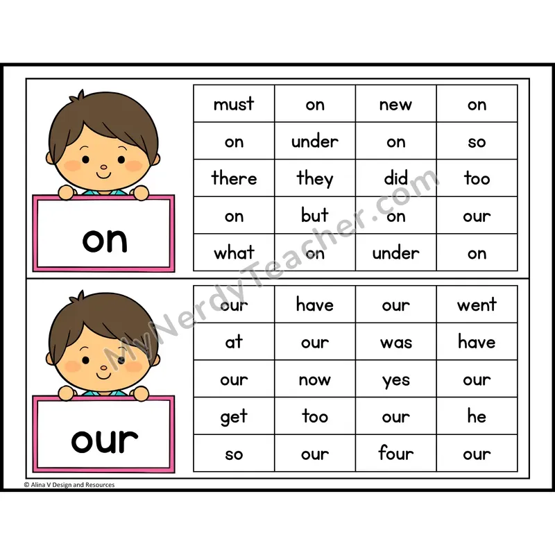 Read and Find Sight Words — Kindergarten - on, our