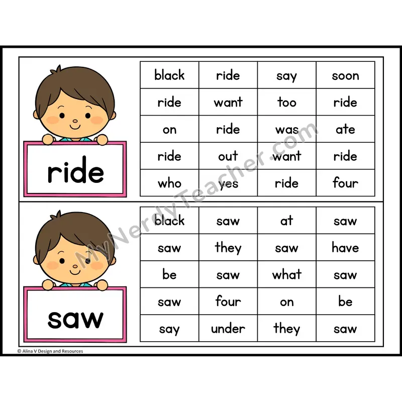 Read and Find Sight Words — Kindergarten - ride, saw