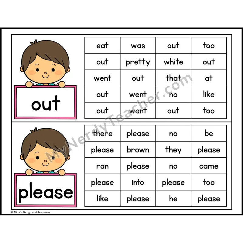 Read and Find Sight Words — Kindergarten - out, please