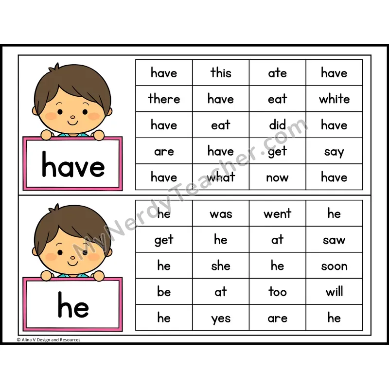 Read and Find Sight Words — Kindergarten - have, he