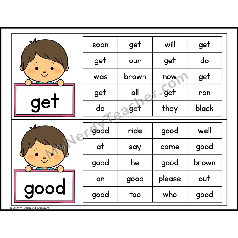 Read and Find Sight Words — Kindergarten - get, good