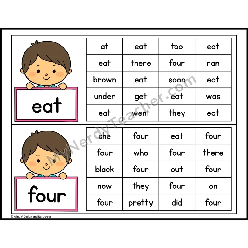 Read and Find Sight Words — Kindergarten - eat, four