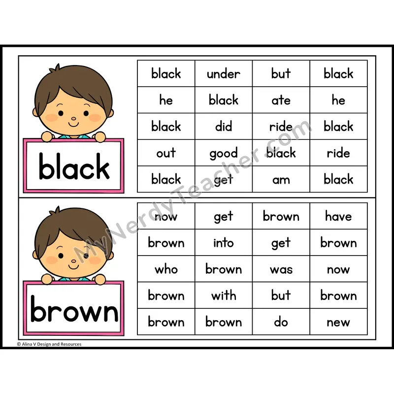 Read and Find Sight Words — Kindergarten - black, brown