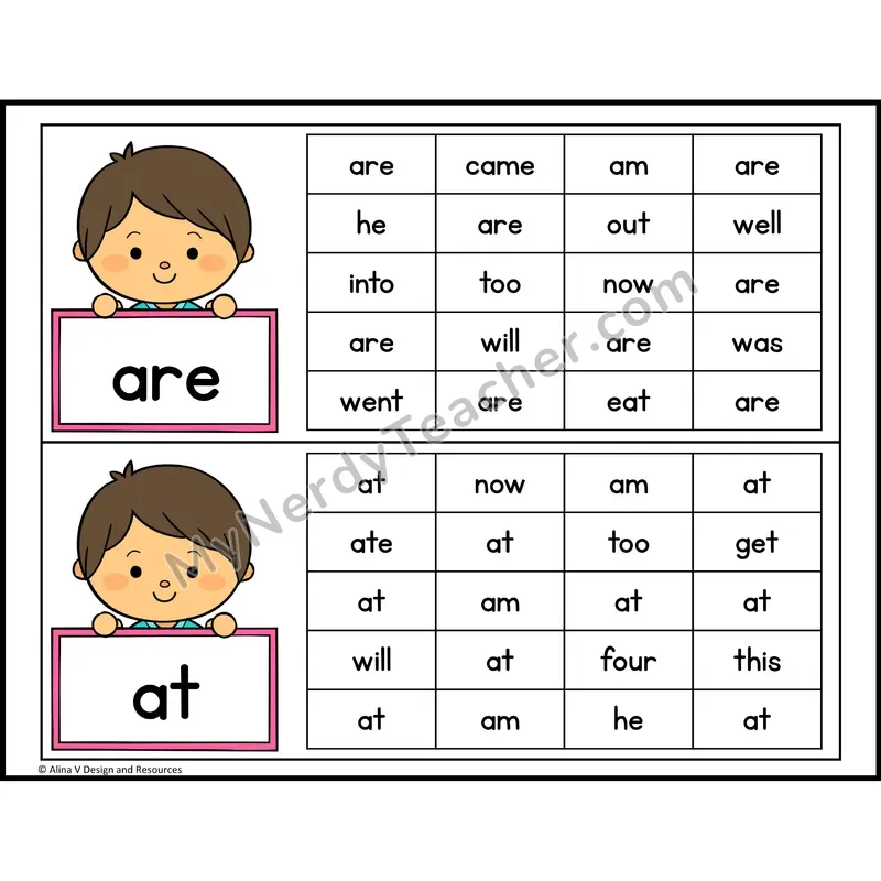 Read and Find Sight Words — Kindergarten - are, at