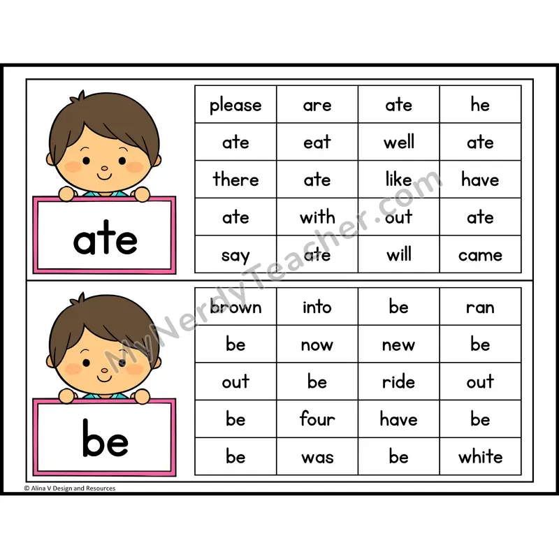 Read and Find Sight Words — Kindergarten - ate, be