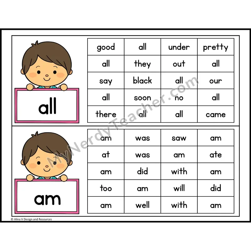 Read and Find Sight Words — Kindergarten - all, am