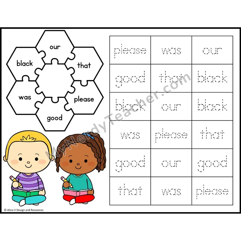 Spin and Trace Sight Words — Kindergarten - our, that, please, good, was, black