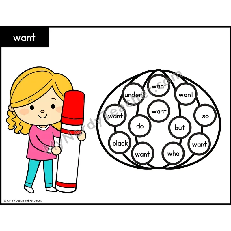 Sight Word Bingo Dab — Kindergarten - want