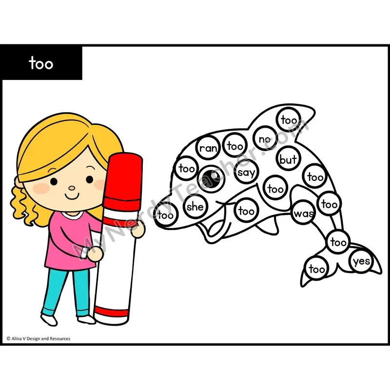 Sight Word Bingo Dab — Kindergarten - too