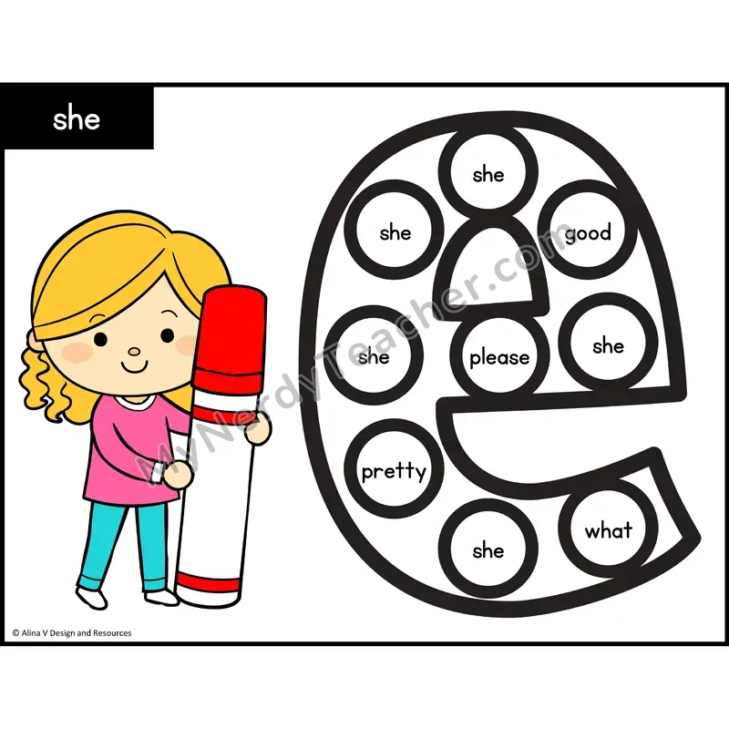 Sight Word Bingo Dab — Kindergarten - she