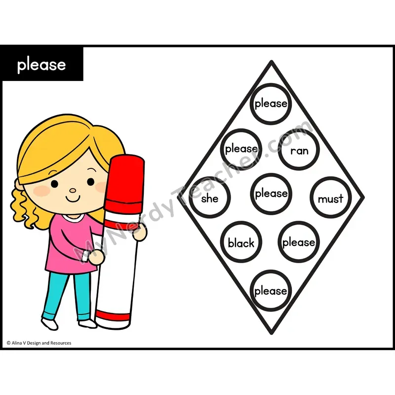 Sight Word Bingo Dab — Kindergarten - please