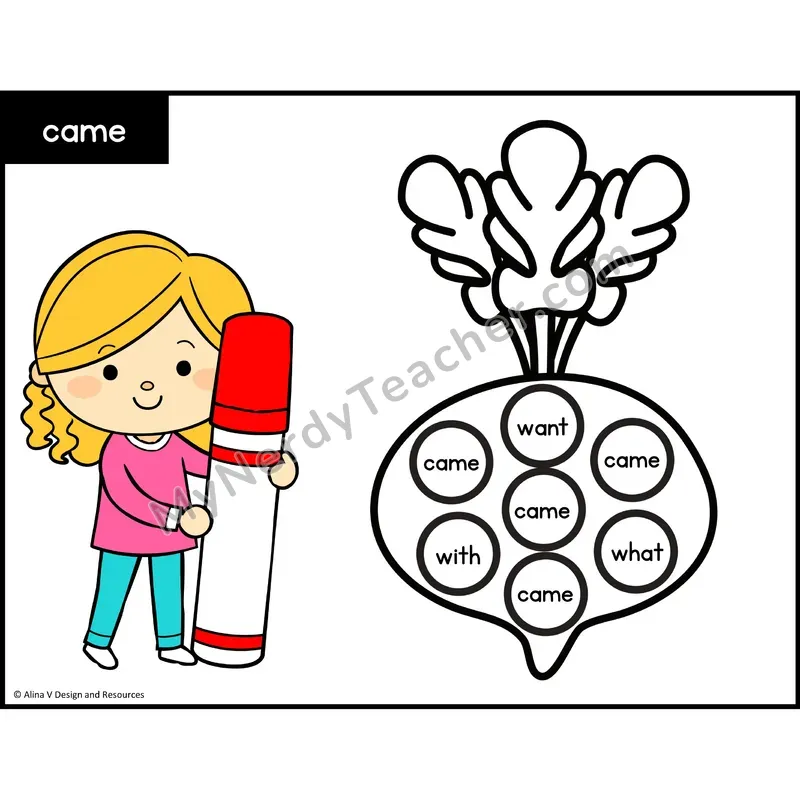 Sight Word Bingo Dab — Kindergarten - came