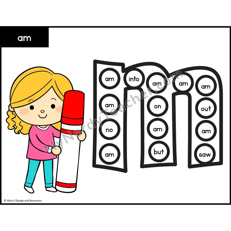 Sight Word Bingo Dab — Kindergarten - am