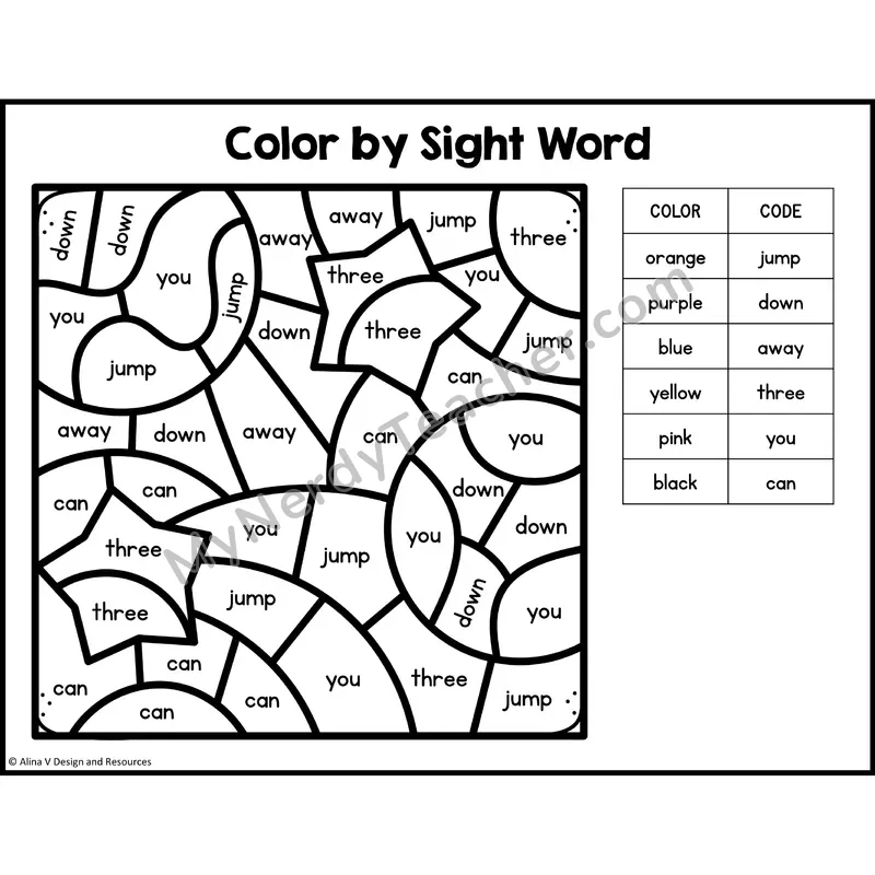 Color by Sight Word — Preschool - jump, down, away, three, you, can
