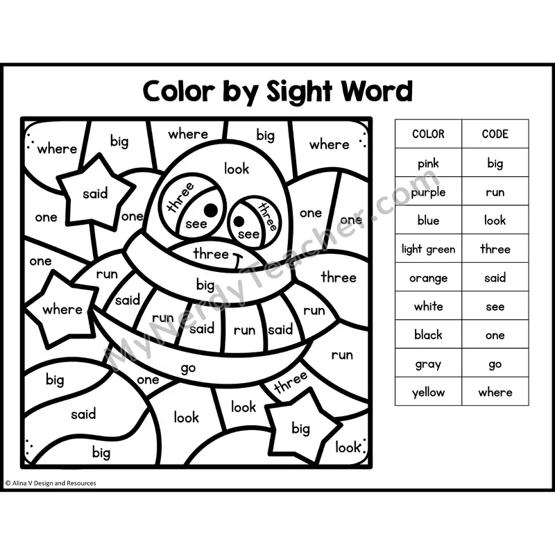 Color by Sight Word — Preschool — Winter - big, run, look, three, said, see, one, go, where