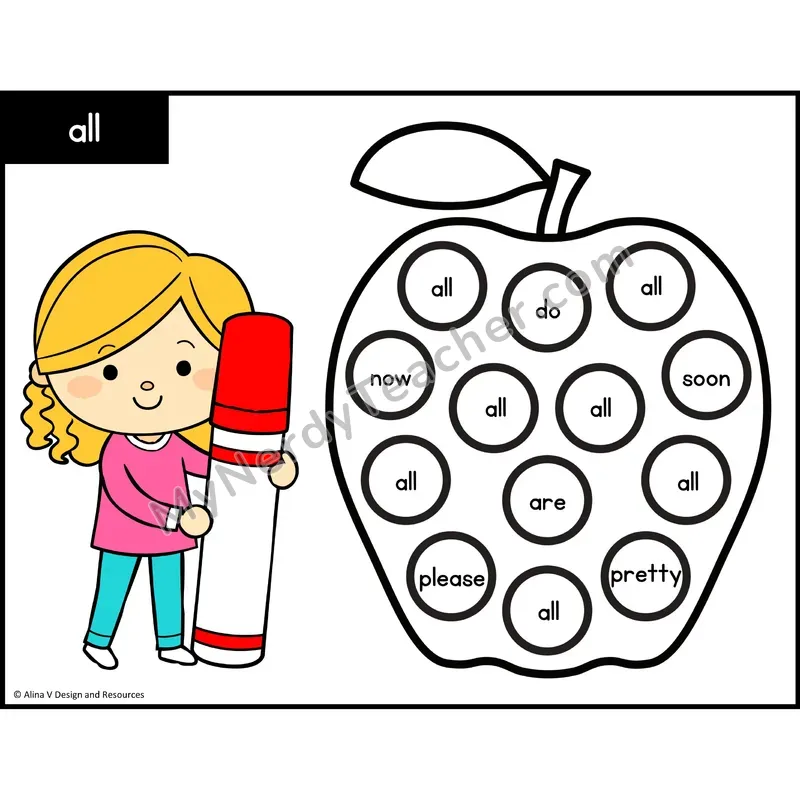 Sight Word Bingo Dab — Kindergarten - all