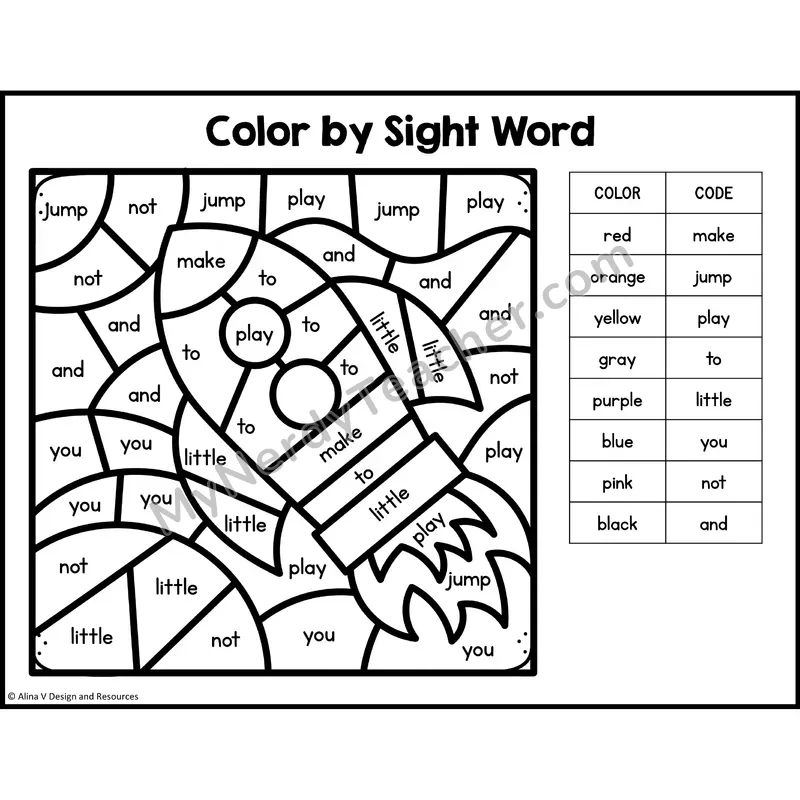 Color by Sight Word — Preschool — Space - make, jump, play, to, little, you, not, and