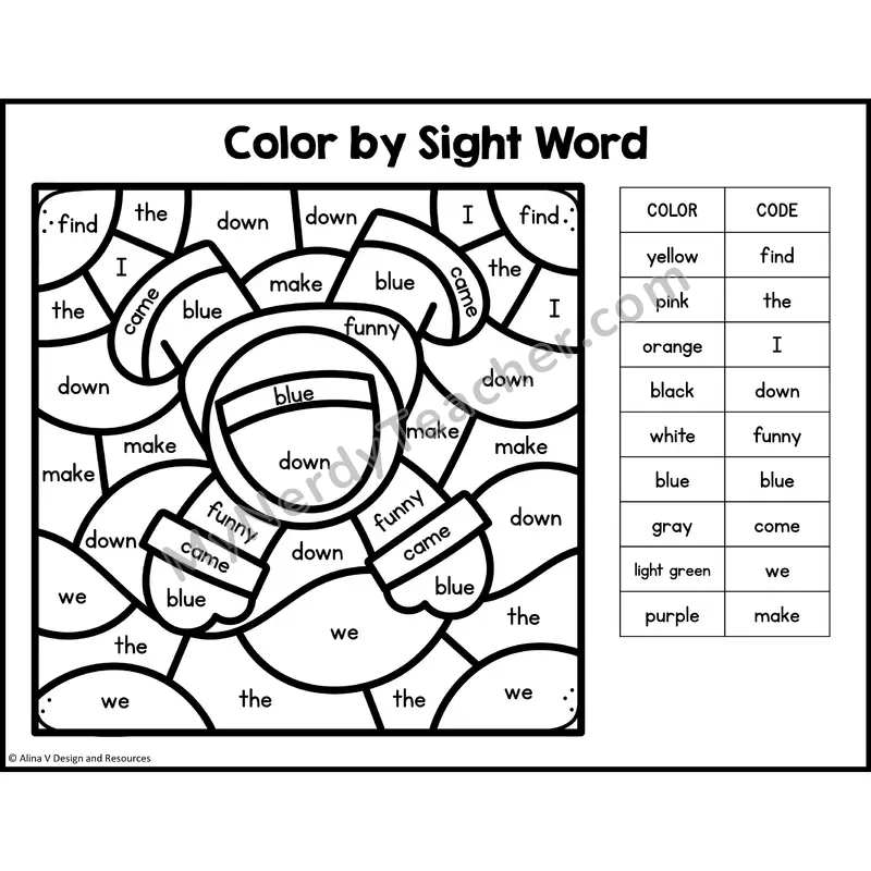 Color by Sight Word — Preschool — Fall - find, the, I, down, funny, blue, come, we, make