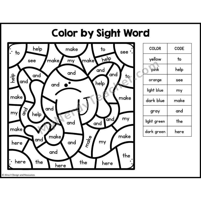 Color by Sight Word — Preschool — Safari - to, help, see, my, make, and, the, here