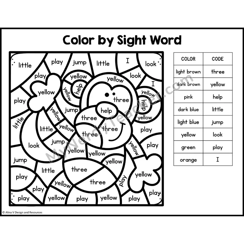 Color by Sight Word — Preschool — Safari - three, yellow, help, little, jump, look, play, I