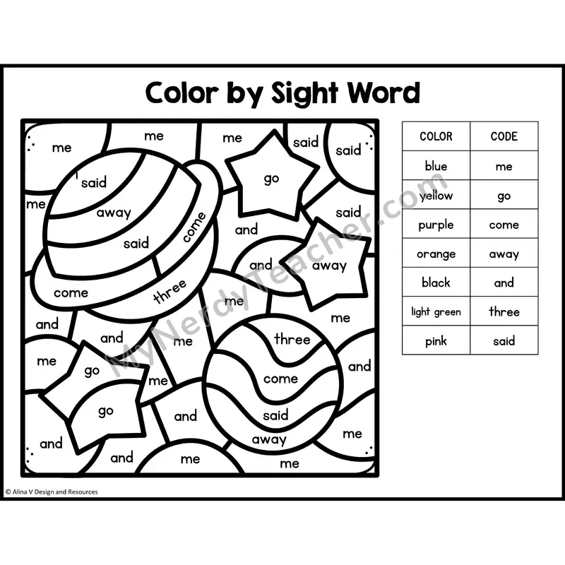Color by Sight Word — Preschool — Summer - me, go, come, away, and, three, said