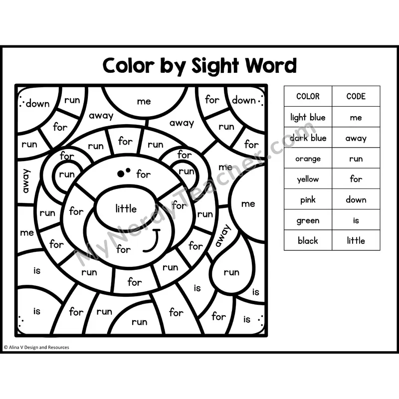 Color by Sight Word — Preschool — Safari - me, away, run, for, down, is, little
