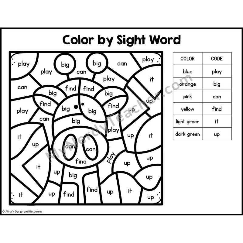 Color by Sight Word — Preschool — Farm - play, big, can, find, it, up