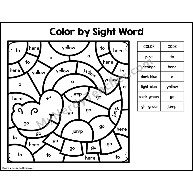 Color by Sight Word — Preschool - to, here, a, yellow, go, jump
