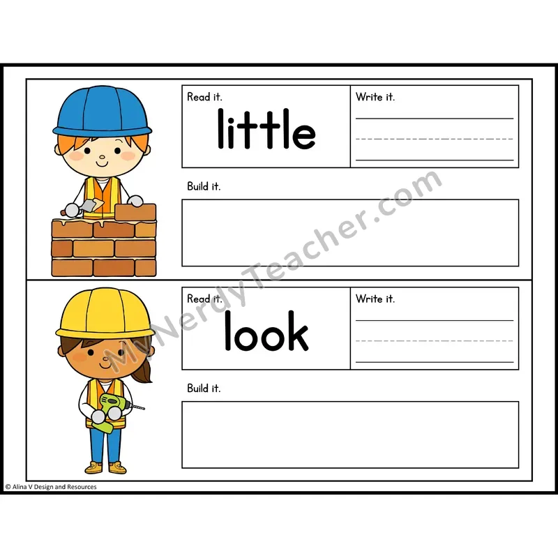 Read, Write, Build Sight Words — Construction Theme — Preschool - little, look