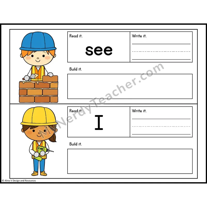 Read, Write, Build Sight Words — Construction Theme — Preschool - see, I
