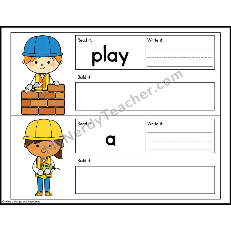 Read, Write, Build Sight Words — Construction Theme — Preschool - play, a