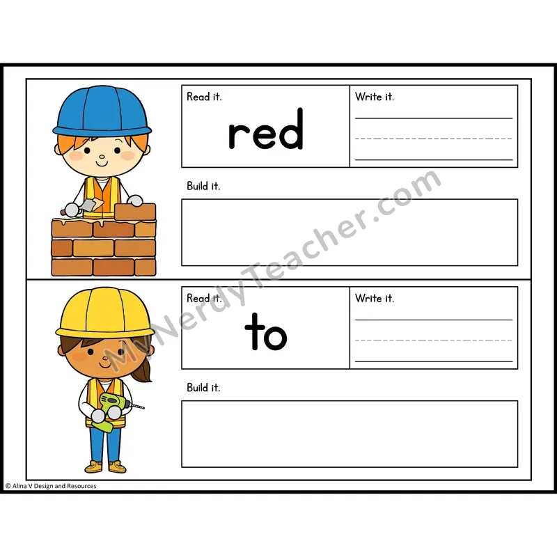 Read, Write, Build Sight Words — Construction Theme — Preschool - red, to
