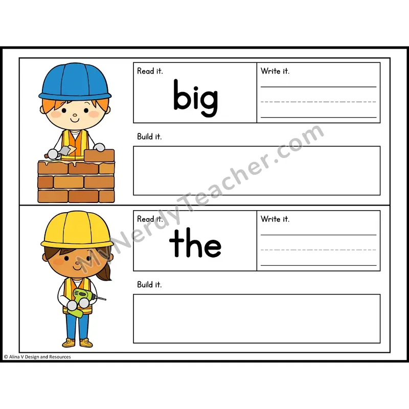 Read, Write, Build Sight Words — Construction Theme — Preschool - big, the
