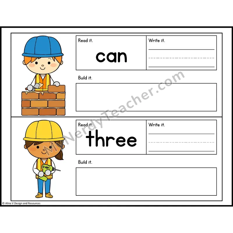 Read, Write, Build Sight Words — Construction Theme — Preschool - can, three