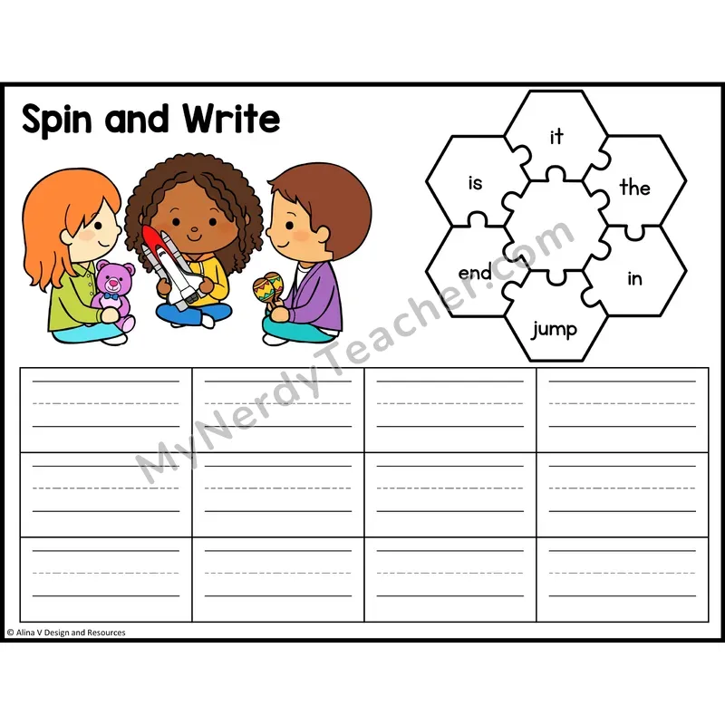 Spin and Write Sight Words — Preschool - it, the, in, jump, end, is