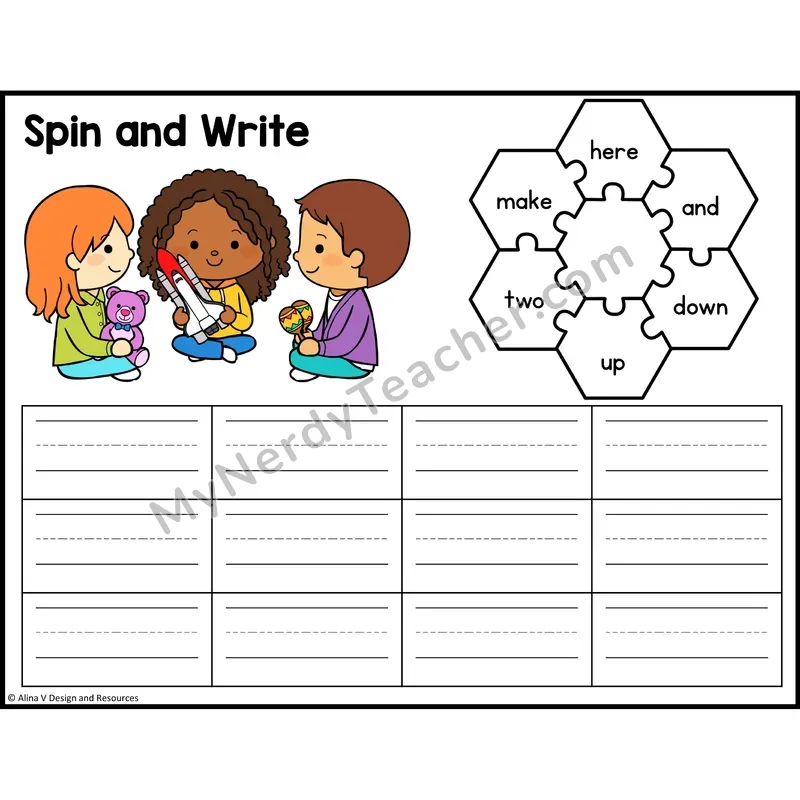 Spin and Write Sight Words — Preschool - here, and, down, up, two, make