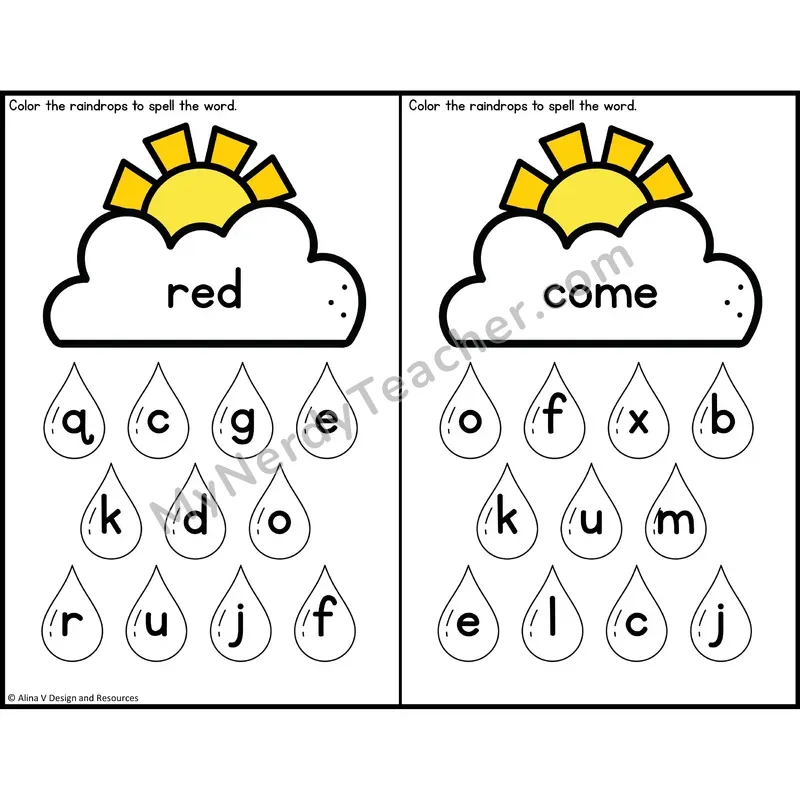 Sight Word Letter Identification — Weather Theme — Preschool - red, come