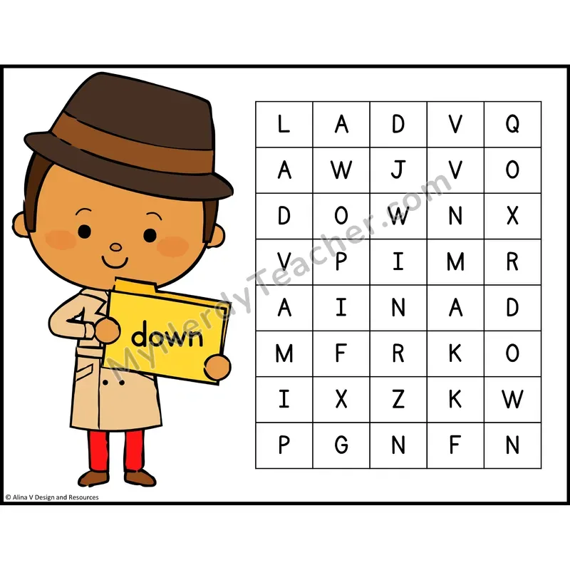 Sight Word Search — Detective Theme — Preschool - down